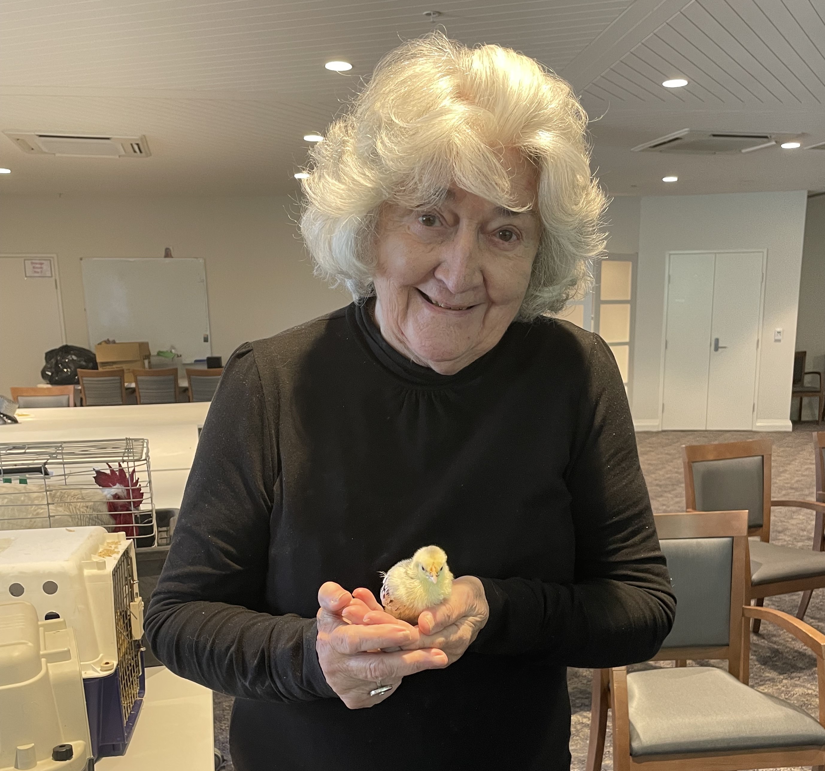 REsident Pam Hutcheson with chick SQUARE